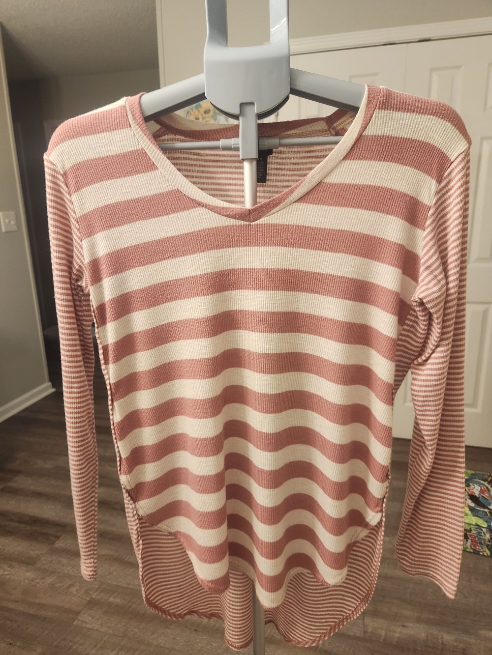 Rue21 Dusty Rose and Cream Striped V-Neck Long Sleeve Top